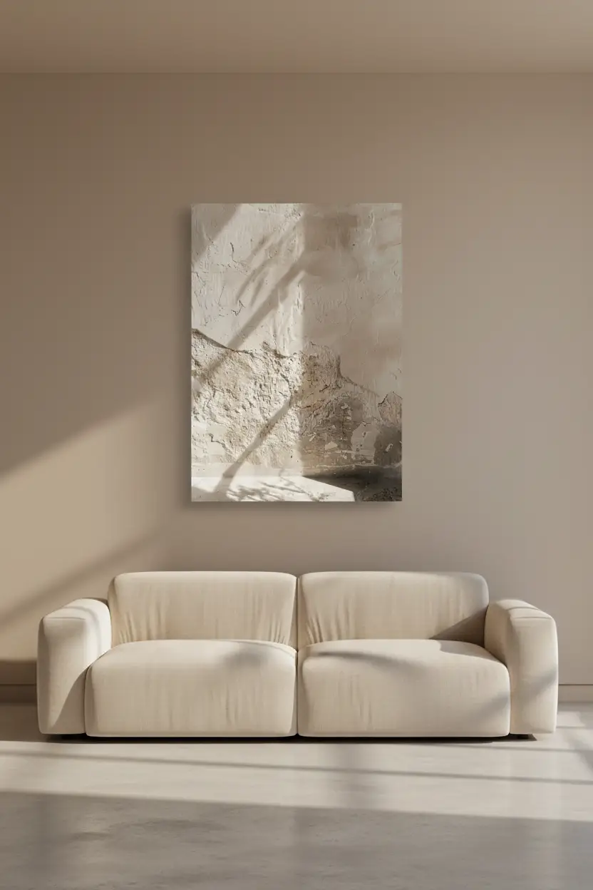 La Lumière sur l'Enduit — Affiche murale minimaliste sable minéral, affiche murale minimaliste avec cadre bois, décoration murale salon ou chambre, style méditerranéen