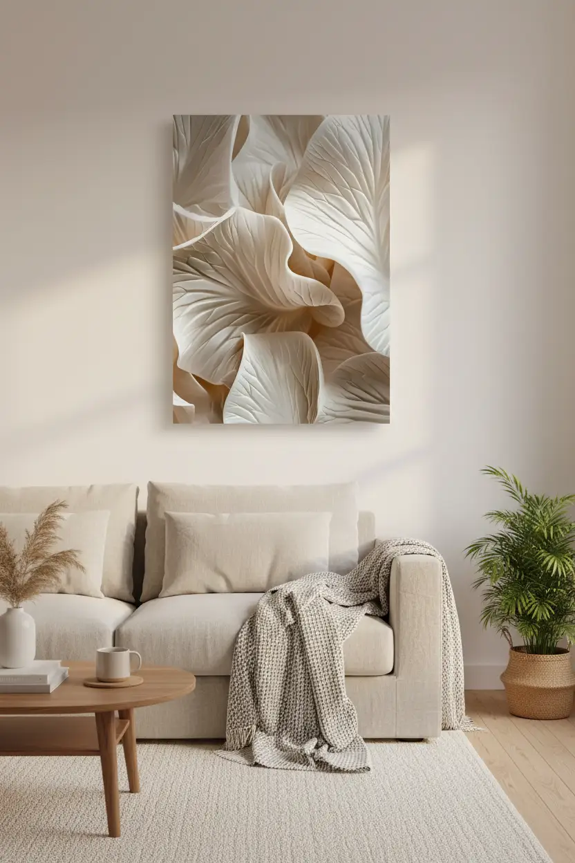 La Vague Ivoire — Affiche murale minimaliste ivoire végétal organique, affiche murale minimaliste avec cadre bois, décoration murale salon ou chambre, style méditerranéen