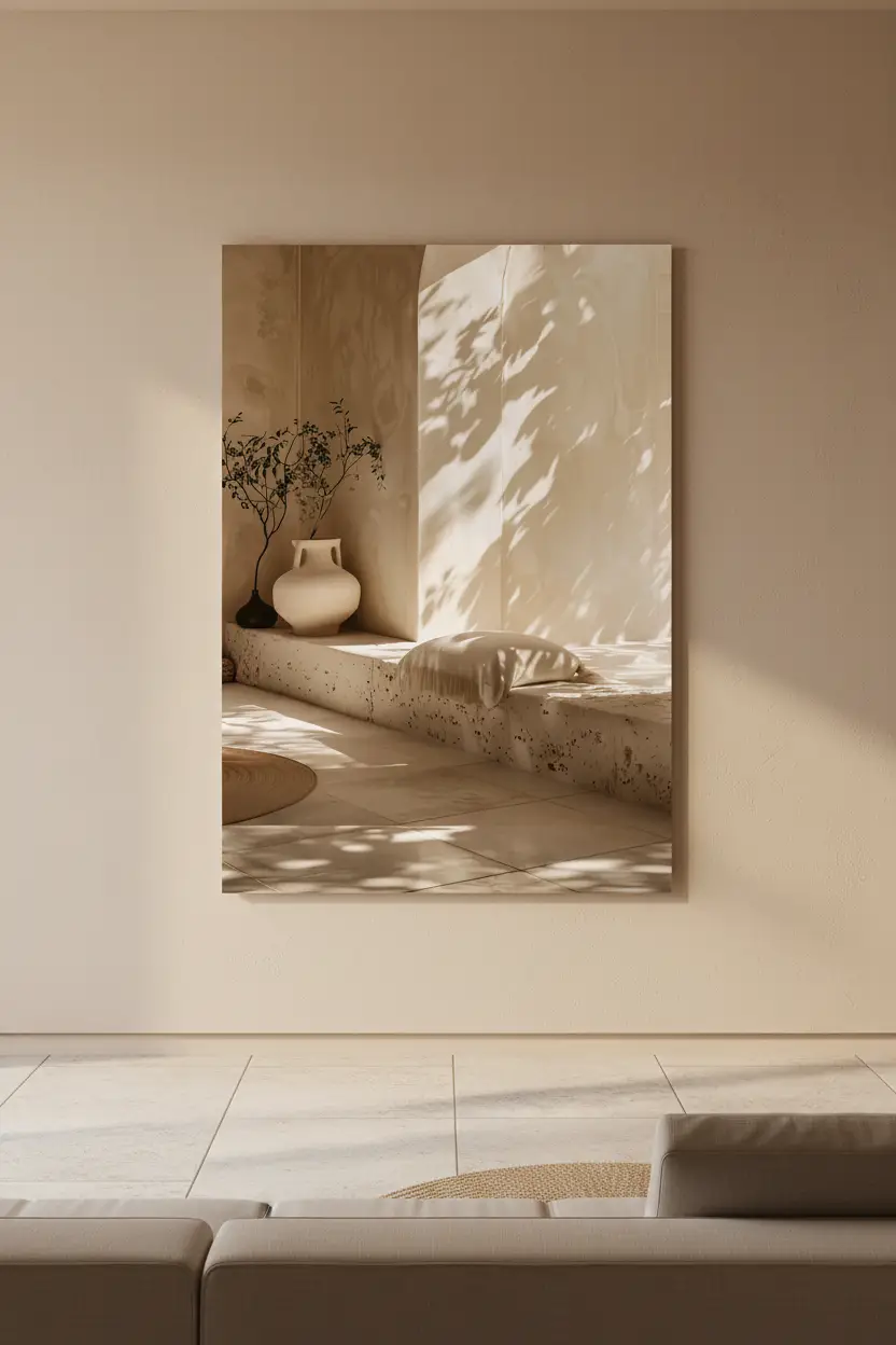 L'Angle à l'Olivier — Affiche murale minimaliste sable végétal, affiche murale minimaliste avec cadre bois, décoration murale salon ou chambre, style méditerranéen