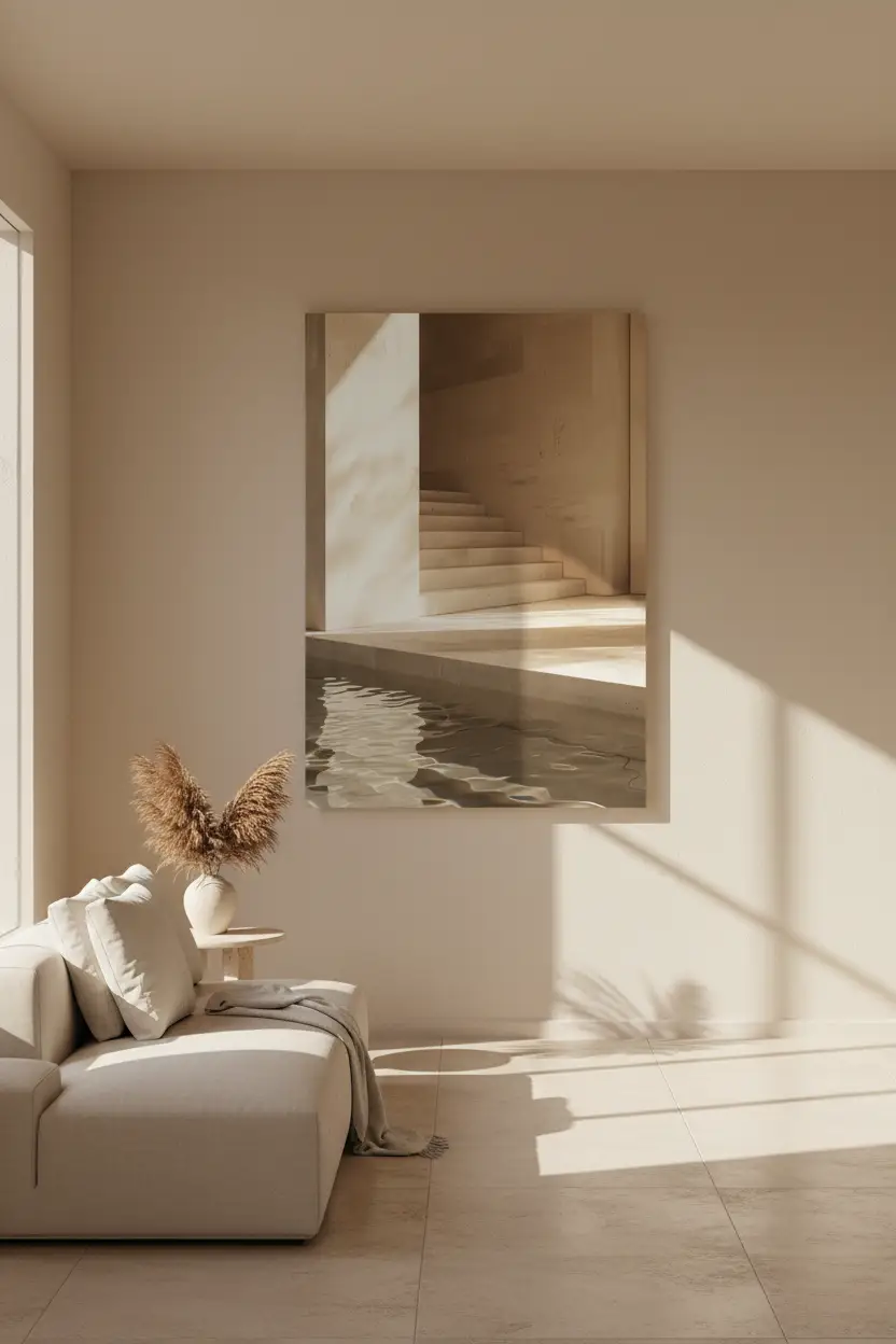 L'Escalier et le Bassin — Affiche murale minimaliste sable architecture, affiche murale minimaliste avec cadre bois, décoration murale salon ou chambre, style méditerranéen