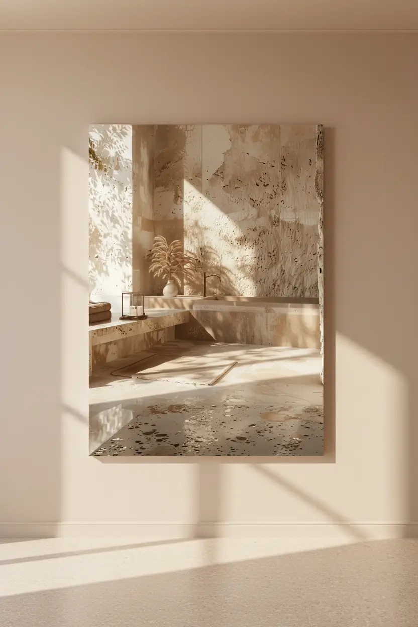 Le Bain de Pierre — Affiche murale minimaliste baignoire travertin pierre ombres feuilles lumière architecture, affiche murale minimaliste avec cadre bois, décoration murale salon ou chambre, style méditerranéen