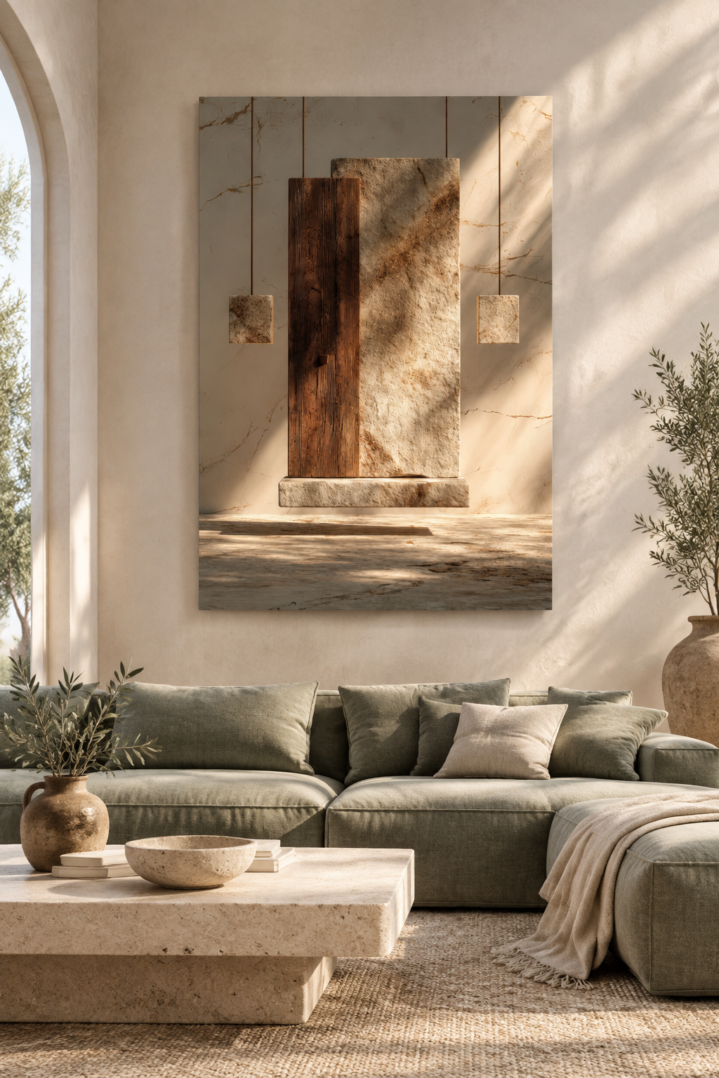 Das Holz und die Platte in einem mediterranen Wohnzimmer