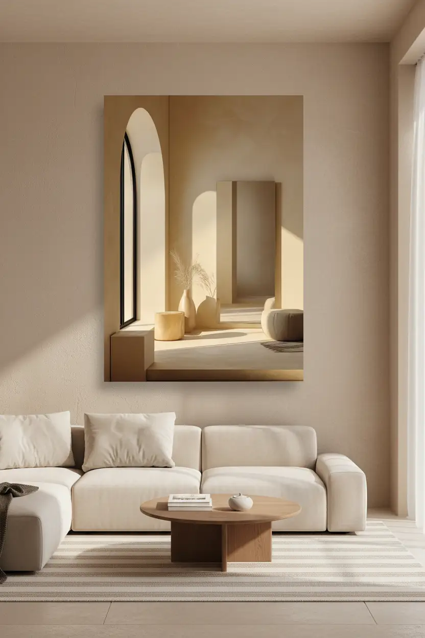 L'Heure Dorée — Affiche murale minimaliste sable architecture, affiche murale minimaliste avec cadre bois, décoration murale salon ou chambre, style méditerranéen