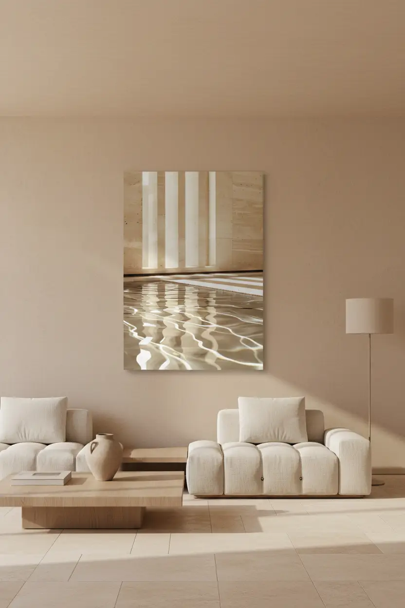 Le Temple et l'Eau — Affiche murale minimaliste sable architecture, affiche murale minimaliste avec cadre bois, décoration murale salon ou chambre, style méditerranéen
