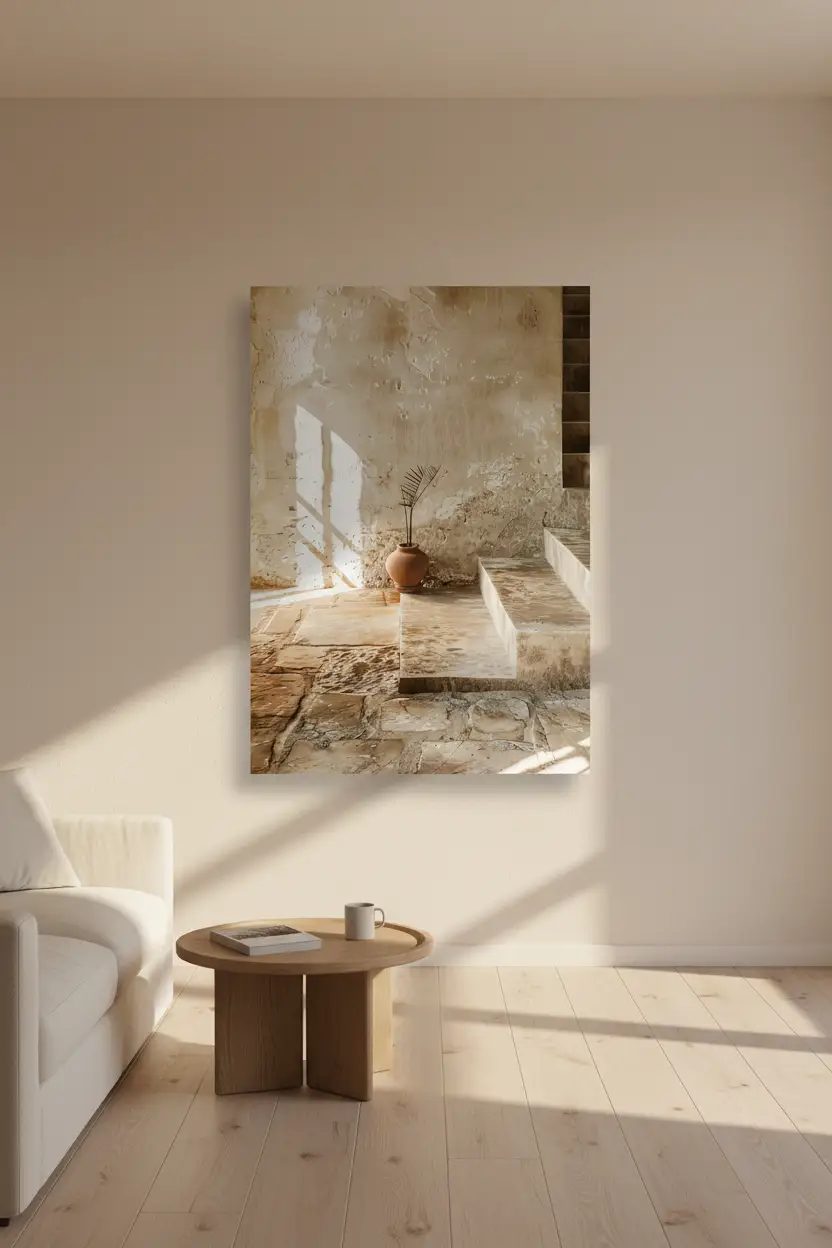 Le Vase sur la Marche — Affiche murale minimaliste sable architecture, affiche murale minimaliste avec cadre bois, décoration murale salon ou chambre, style méditerranéen