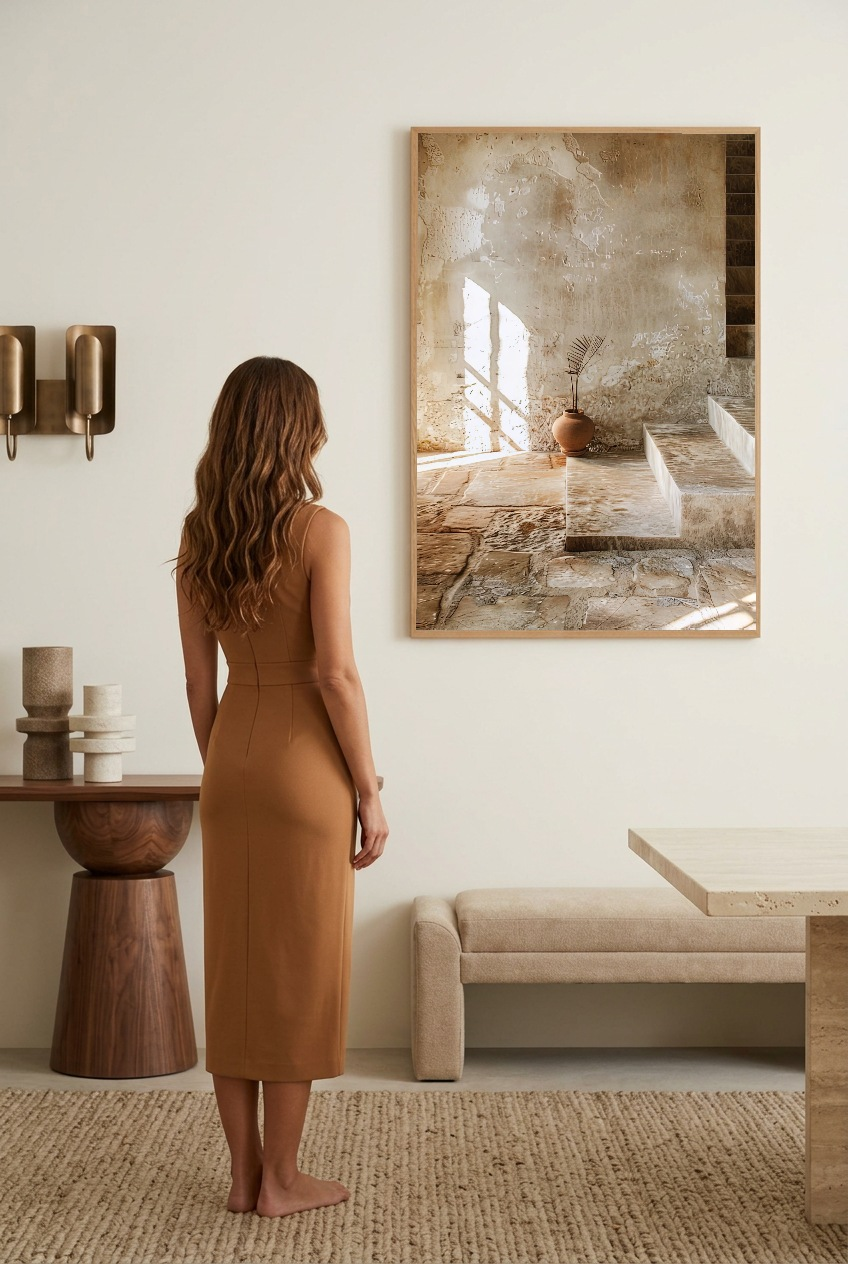 Le Vase sur la Marche — mulher em frente ao poster com moldura de carvalho