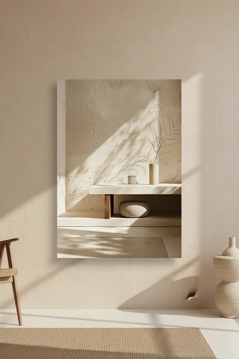 La Console et la Lumière — Affiche murale minimaliste sable intérieur, affiche murale minimaliste avec cadre bois, décoration murale salon ou chambre, style méditerranéen