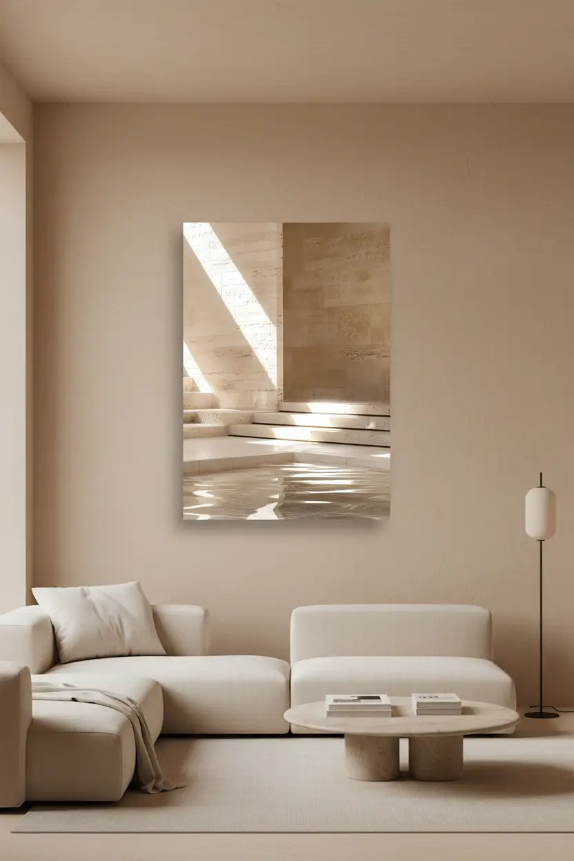 Le Bassin de Pierre — Affiche murale minimaliste sable architecture, affiche murale minimaliste avec cadre bois, décoration murale salon ou chambre, style méditerranéen