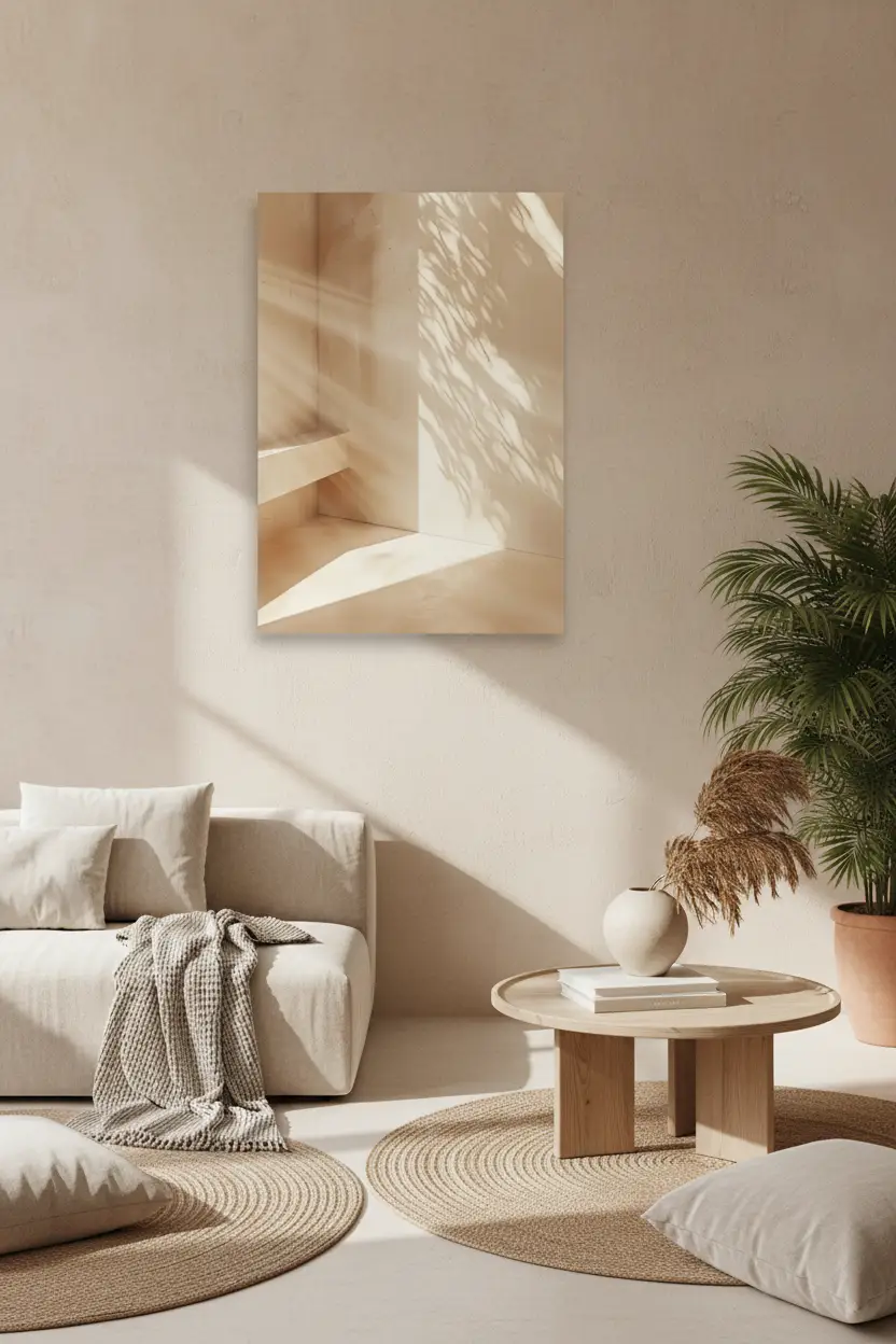 L'Escalier et l'Ombre — Affiche murale minimaliste beige architecture, affiche murale minimaliste avec cadre bois, décoration murale salon ou chambre, style méditerranéen