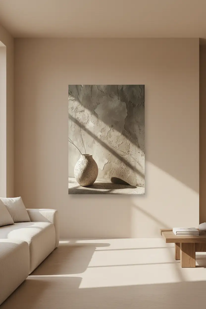 L'Ombre du Vase — Affiche murale minimaliste sable minéral, affiche murale minimaliste avec cadre bois, décoration murale salon ou chambre, style méditerranéen