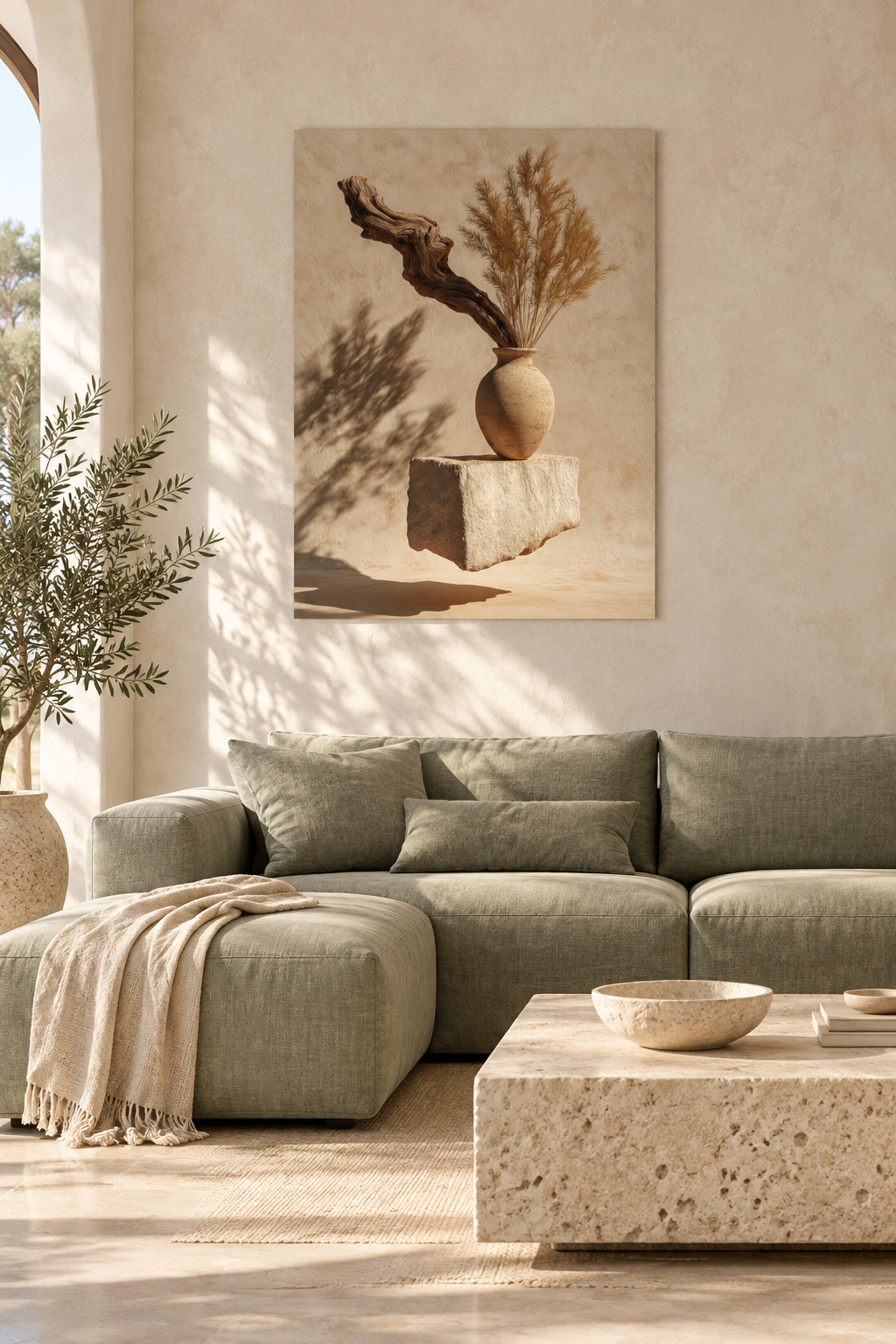 Das Treibholz und die Ähre in einem mediterranen Wohnzimmer