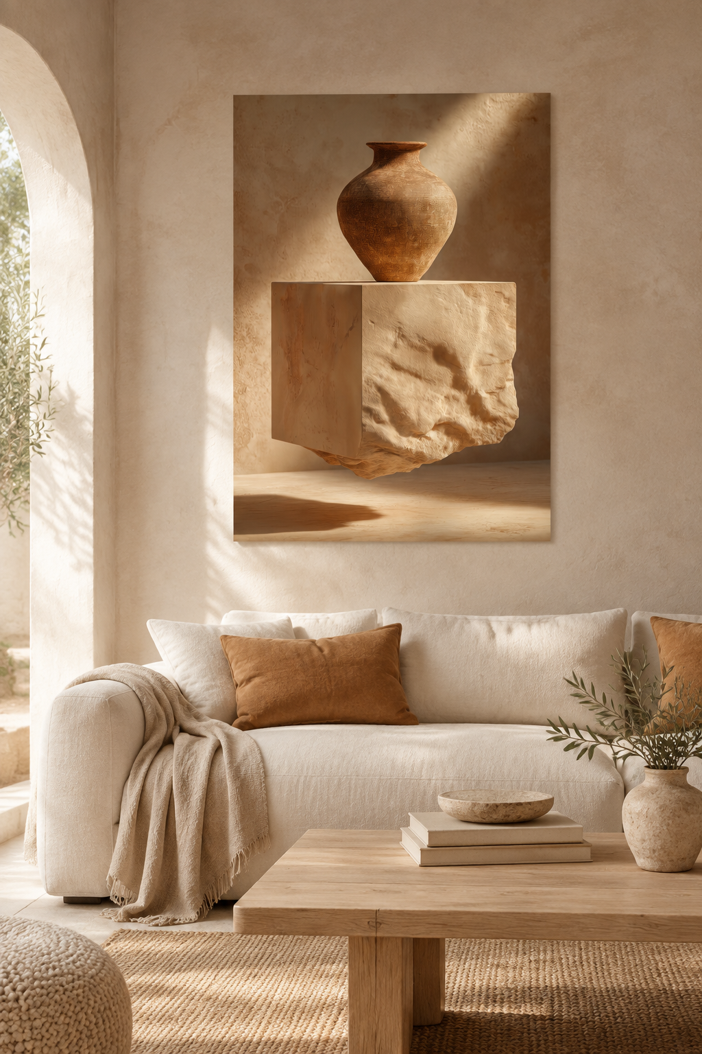The Vase on the Rough Block in a Mediterranean living room