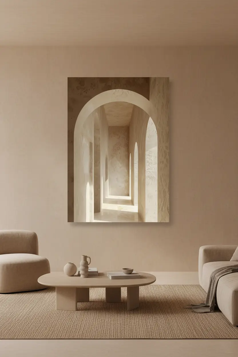 Le Couloir des Arches — Affiche murale minimaliste sable architecture, affiche murale minimaliste avec cadre bois, décoration murale salon ou chambre, style méditerranéen