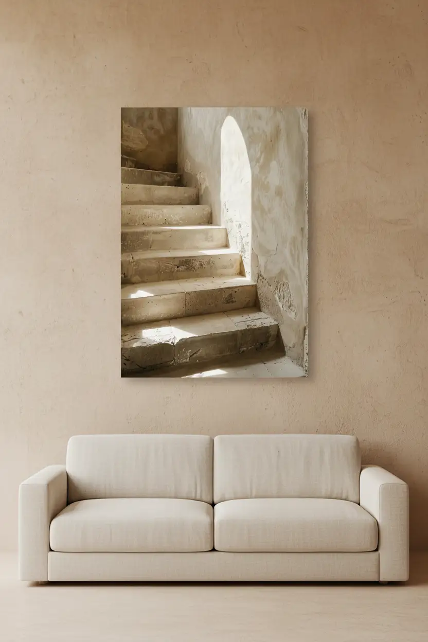 L’Arche de Pierre — Affiche murale minimaliste escalier pierre brute arche lumière architecture, affiche murale minimaliste avec cadre bois, décoration murale salon ou chambre, style méditerranéen