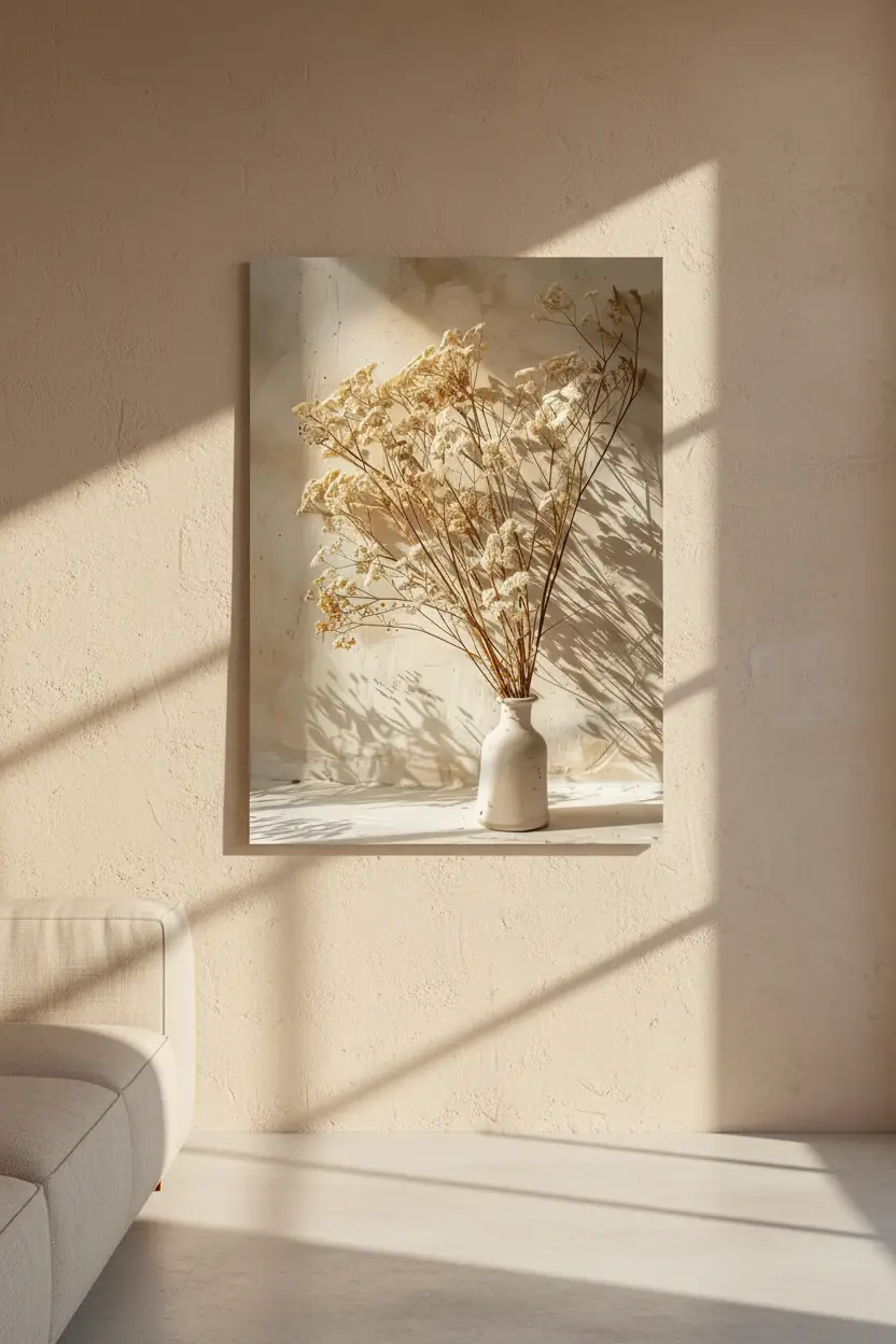 Le Bouquet d’Ivoire — Affiche murale minimaliste fleurs séchées ivoire vase céramique végétal, affiche murale minimaliste avec cadre bois, décoration murale salon ou chambre, style méditerranéen