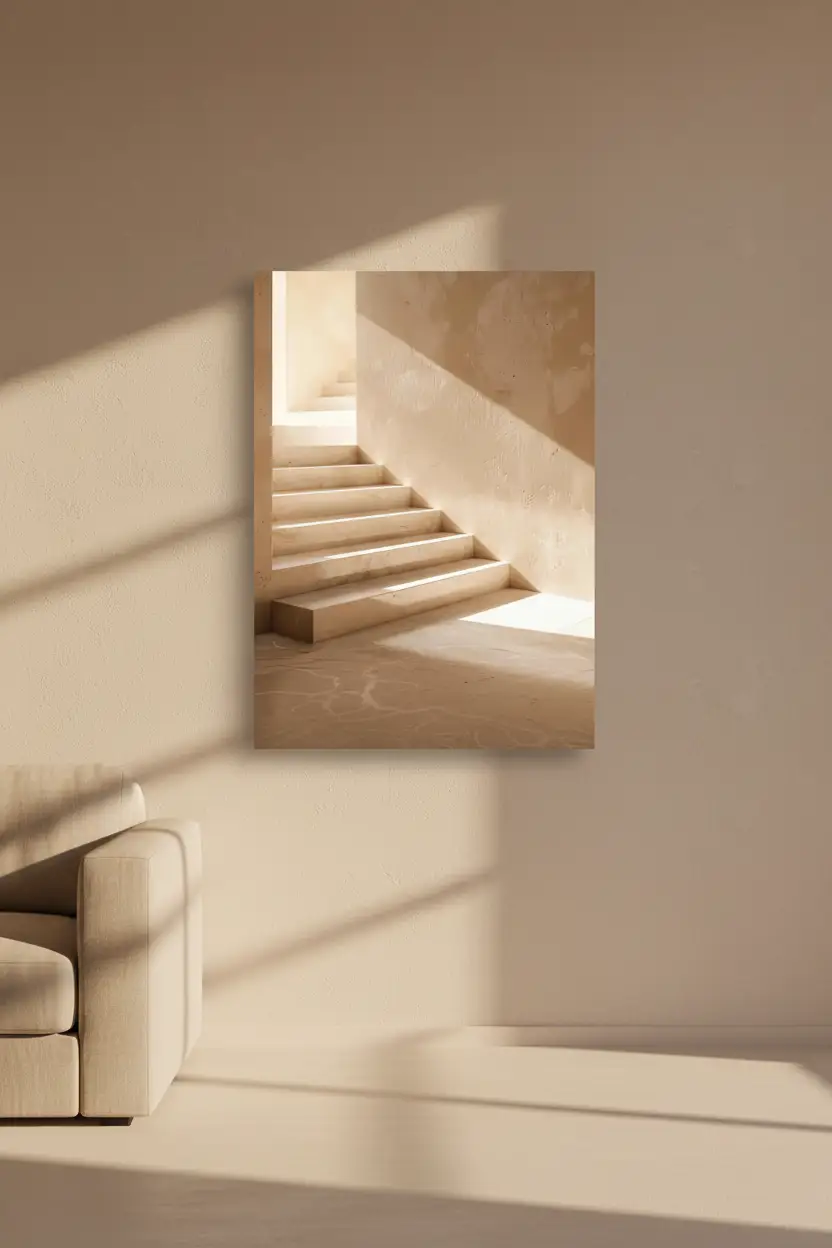 L’Escalier de Sable — Affiche murale minimaliste escalier enduit sable lumière triangle ombres architecture, affiche murale minimaliste avec cadre bois, décoration murale salon ou chambre, style méditerranéen