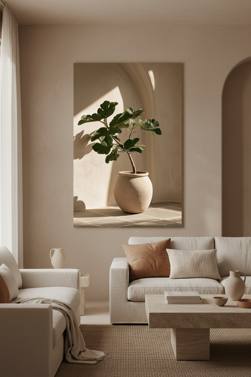 Affiche Le Figuier sous l'Arche au-dessus d'un canapé écru dans un salon méditerranéen — figuier en pot crème sous une arche d'enduit ivoire