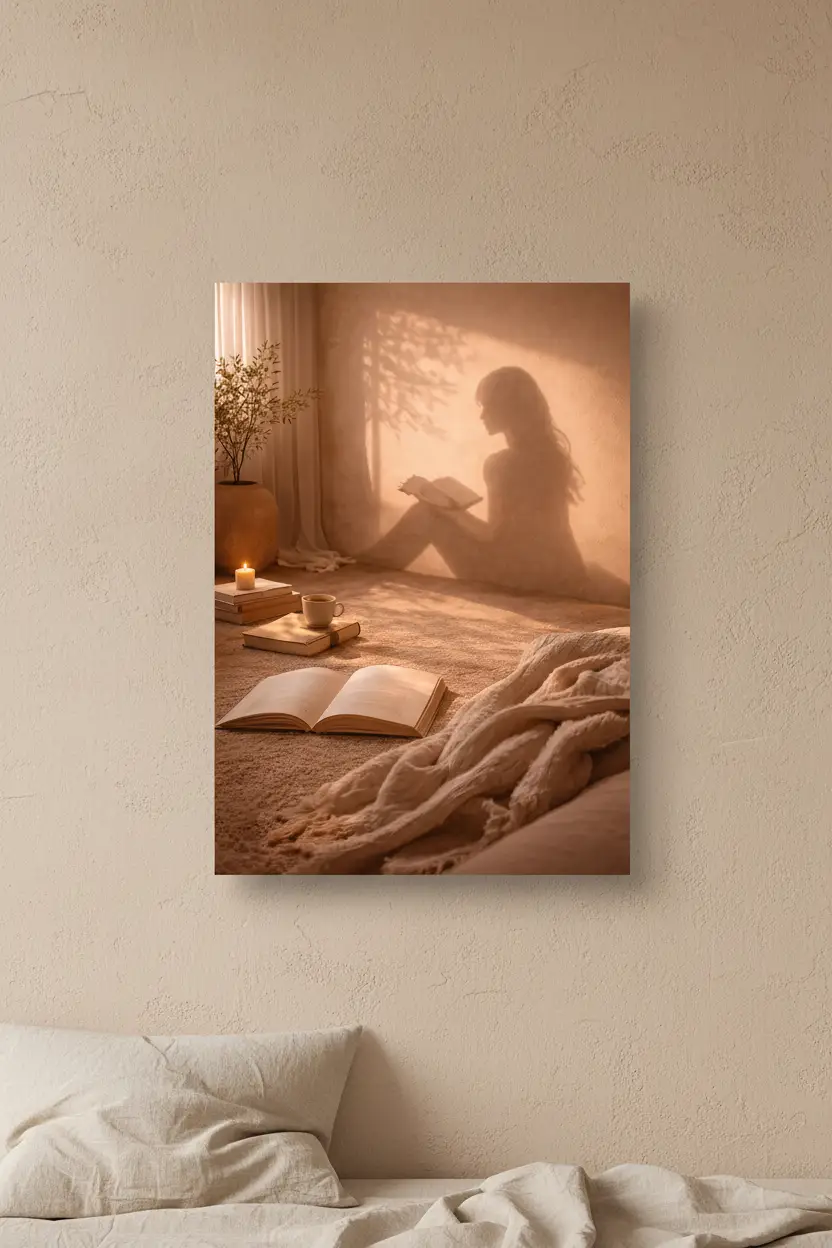 La Liseuse — Affiche murale minimaliste silhouette féminine lumière dorée, affiche murale minimaliste avec cadre bois, décoration murale salon ou chambre, style méditerranéen
