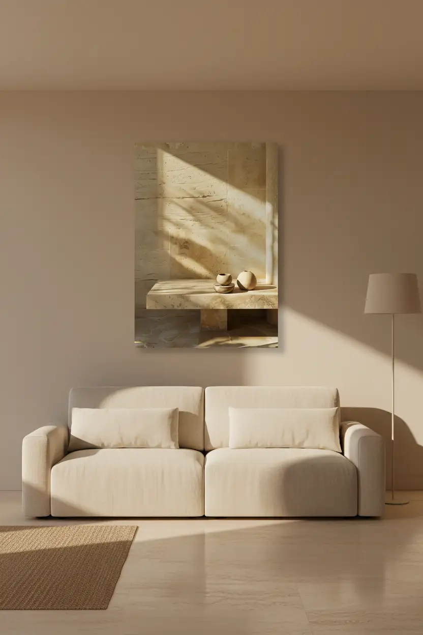 Le Banc de Pierre — Affiche murale minimaliste banc travertin céramiques sable lumière minéral, affiche murale minimaliste avec cadre bois, décoration murale salon ou chambre, style méditerranéen