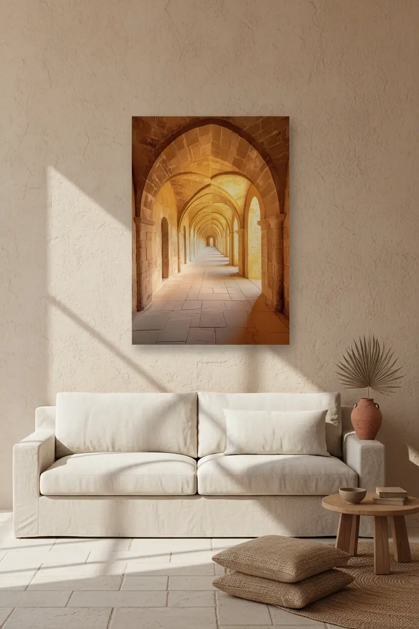 La Nef — Affiche murale minimaliste or sable voûtes gothiques ogive lumière divine — affiche murale minimaliste | Cassili-home