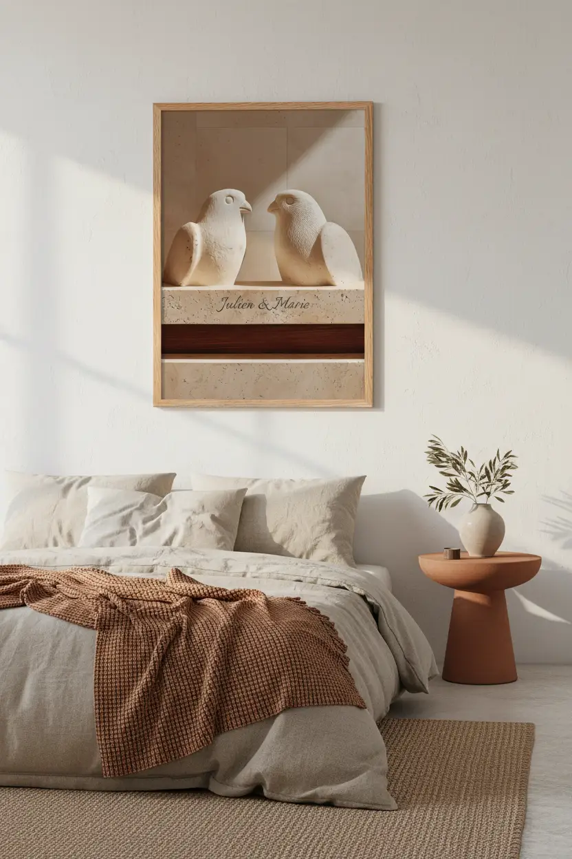 Les Tourterelles — Affiche murale personnalisable pierre méditerranéenne, affiche murale minimaliste avec cadre bois, décoration murale salon ou chambre, style méditerranéen