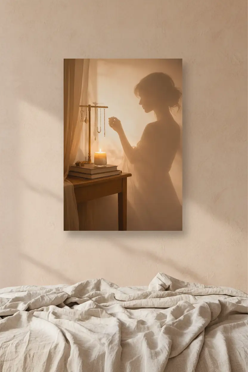 La Parure — Affiche murale minimaliste silhouette féminine lumière dorée, affiche murale minimaliste avec cadre bois, décoration murale salon ou chambre, style méditerranéen