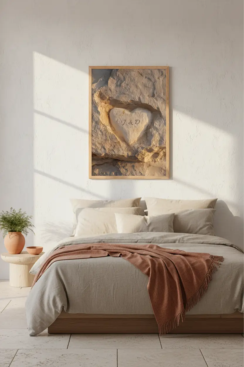 Le Cœur dans la Roche — Affiche murale personnalisable pierre méditerranéenne, affiche murale minimaliste avec cadre bois, décoration murale salon ou chambre, style méditerranéen