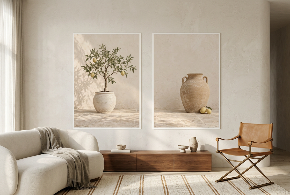 The Patio Lemons — wall diptych in white frames in a living room