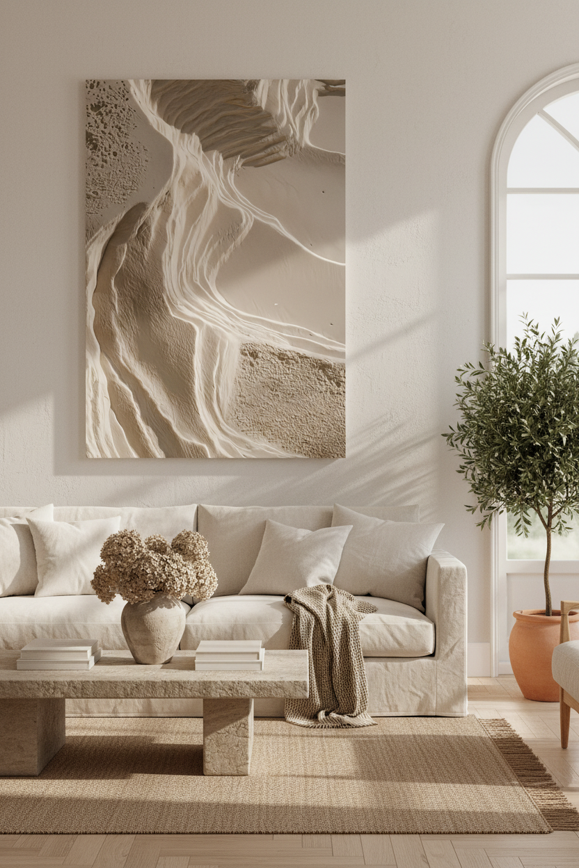 Affiche L'Escarpement Blanc au-dessus d'un canapé écru dans un salon méditerranéen — strates de plâtre blanc séparées par une ligne d'ombre