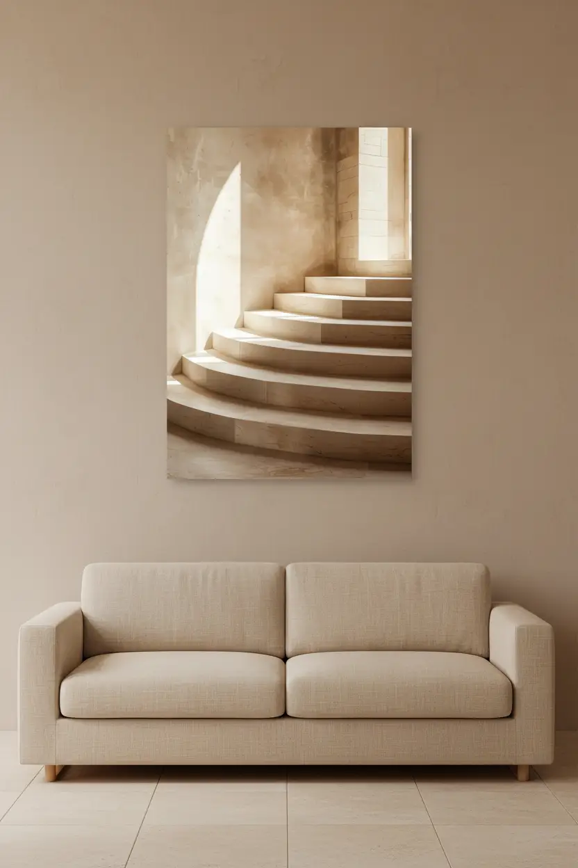 L’Escalier Courbe — Affiche murale minimaliste escalier semi-circulaire calcaire ivoire arc lumière architecture, affiche murale minimaliste avec cadre bois, décoration murale salon ou chambre, style méditerranéen