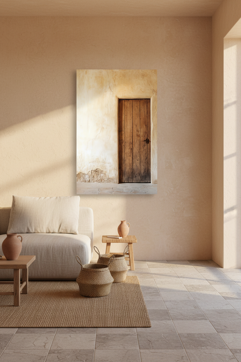 The Andalusian Door poster above a sofa — warm wood door on a cracked ivory plaster wall