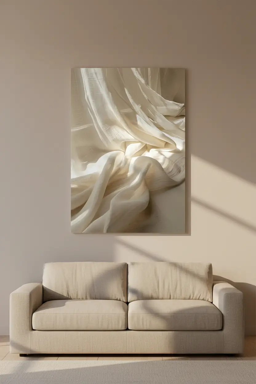 Le Lin Draпé — Affiche murale minimaliste macro tissu lin ivoire drapé vagues fluides texture abstrait, affiche murale minimaliste avec cadre bois, décoration murale salon ou chambre, style méditerranéen