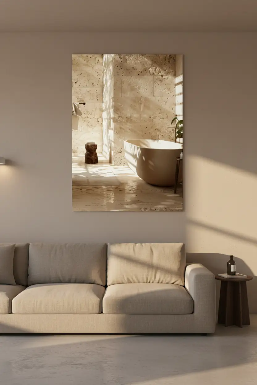 La Salle de Travertin — Affiche murale minimaliste salle de bain travertin brut baignoire îlot lumière architecture, affiche murale minimaliste avec cadre bois, décoration murale salon ou chambre, style méditerranéen