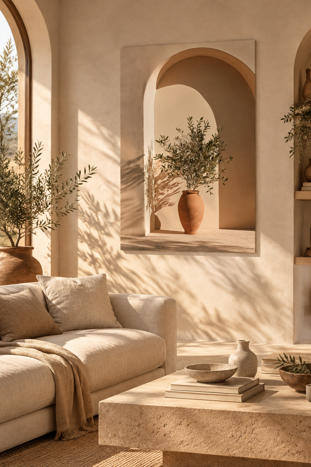 Poster The Rest Beneath the Arch — plaster arch and terracotta jar with an olive branch, hung in a living room with ochre walls
