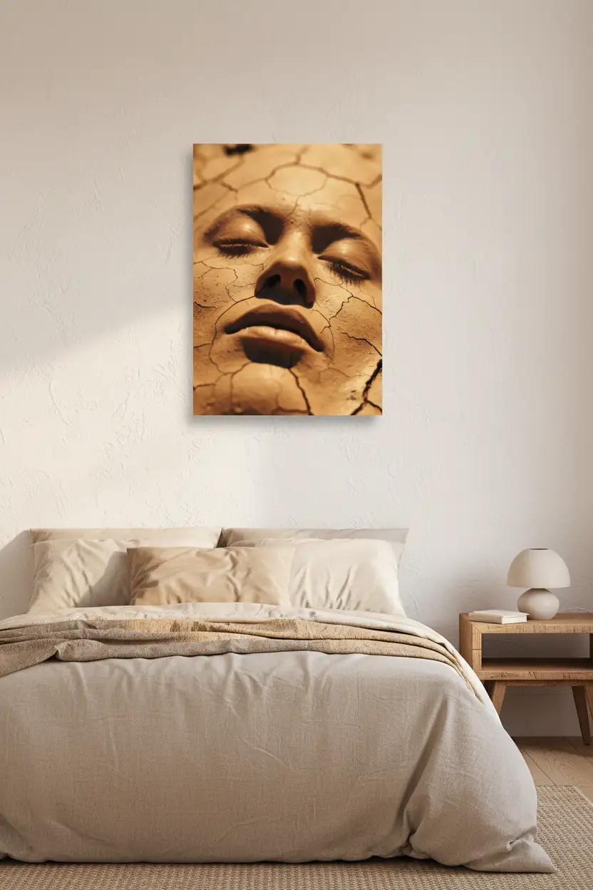 La Terre et le Visage — Affiche murale minimaliste ocre doré visage abstrait, affiche murale minimaliste avec cadre bois, décoration murale salon ou chambre, style méditerranéen