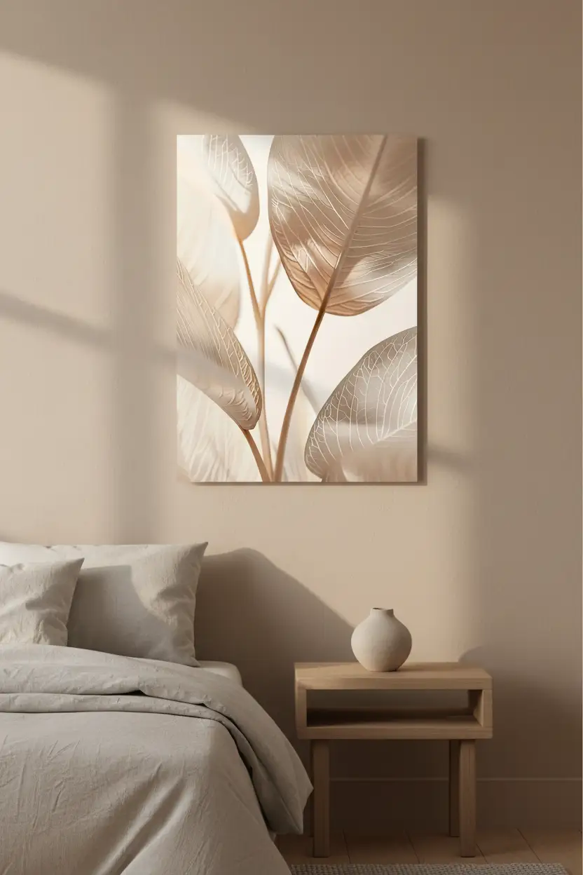 Les Feuilles d’Ivoire — Affiche murale minimaliste sable champagne végétal translucide, affiche murale minimaliste avec cadre bois, décoration murale salon ou chambre, style méditerranéen