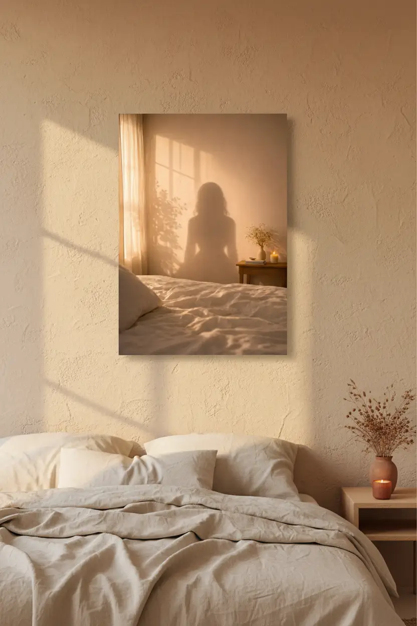 L'Ombre Dorée — Affiche murale minimaliste ombre féminine lumière dorée chambre, affiche murale minimaliste avec cadre bois, décoration murale salon ou chambre, style méditerranéen
