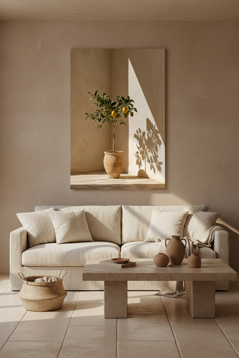 Affiche Le Citronnier de Terre Cuite au-dessus d'un canapé écru dans un salon méditerranéen — citronnier en jarre de terre cuite dans l'angle d'un mur ocre