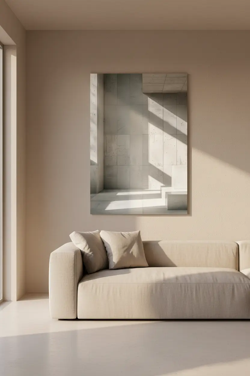 L’Angle de Béton — Affiche murale minimaliste béton brutaliste ombres géométriques architecture, affiche murale minimaliste avec cadre bois, décoration murale salon ou chambre, style méditerranéen