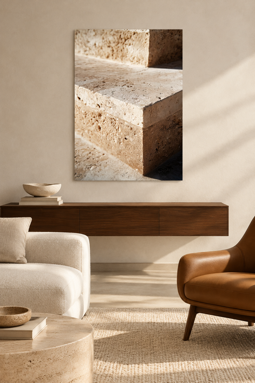 Die Travertinstufe in einem mediterranen Wohnzimmer