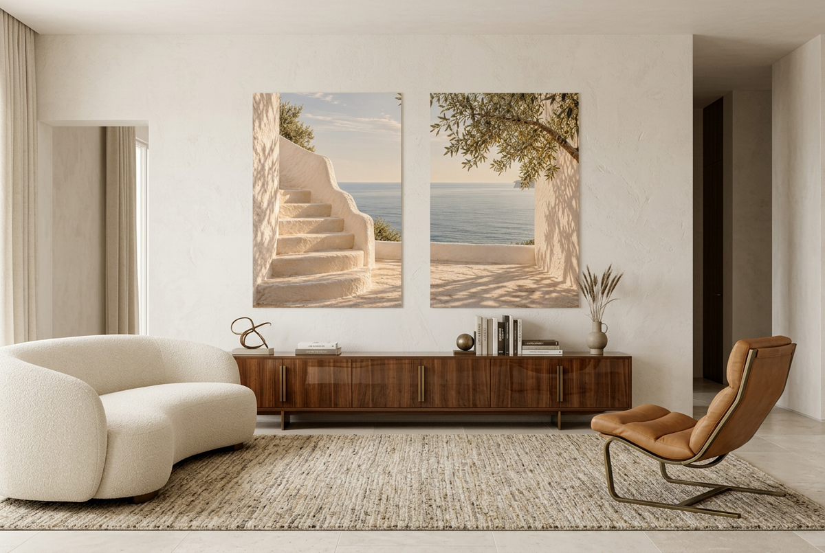 The Terrace by the Sea — unframed wall diptych in a living room