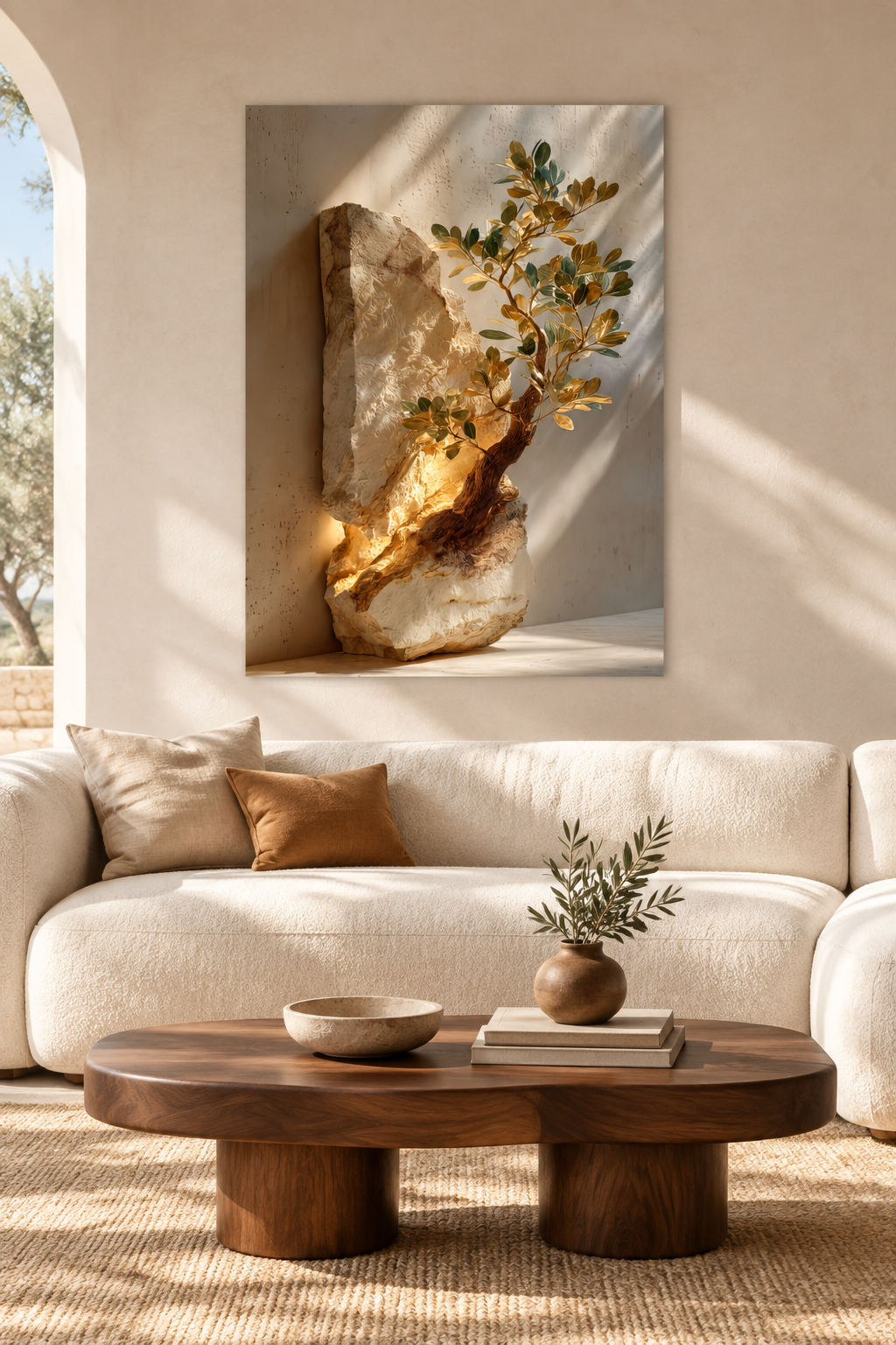 De Fossiele Olijfboom in een mediterrane woonkamer