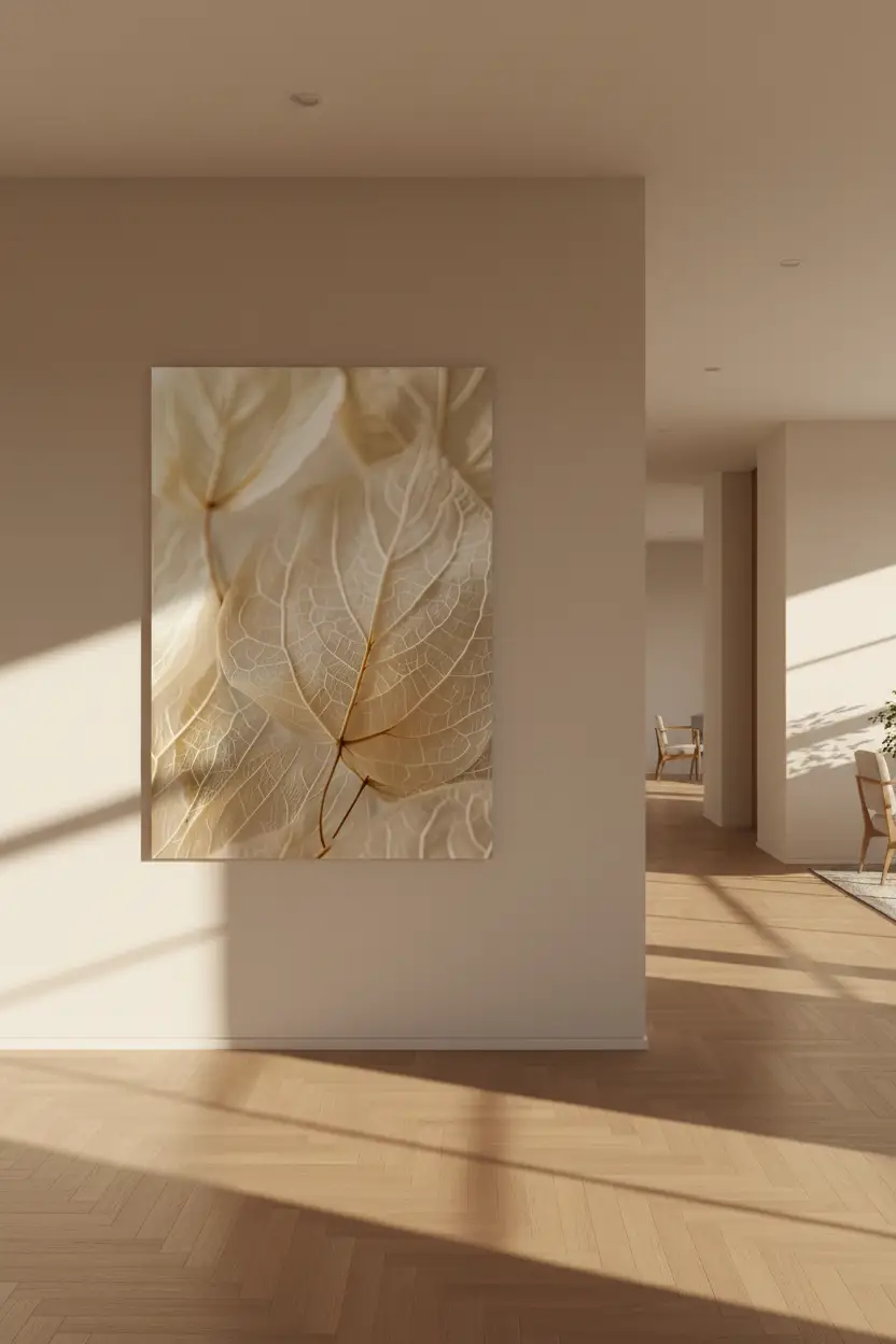 La Feuille Squelette — Affiche murale minimaliste ivoire nervures dorées végétal, affiche murale minimaliste avec cadre bois, décoration murale salon ou chambre, style méditerranéen