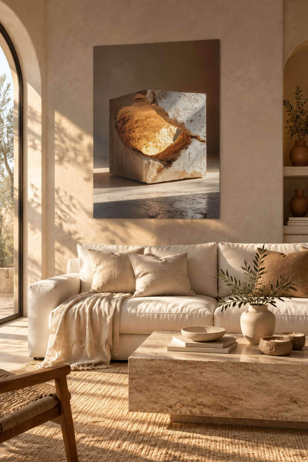 Poster De Gouden Ader — opengebroken steen met een gouden kern, in een woonkamer met okerkleurige muren