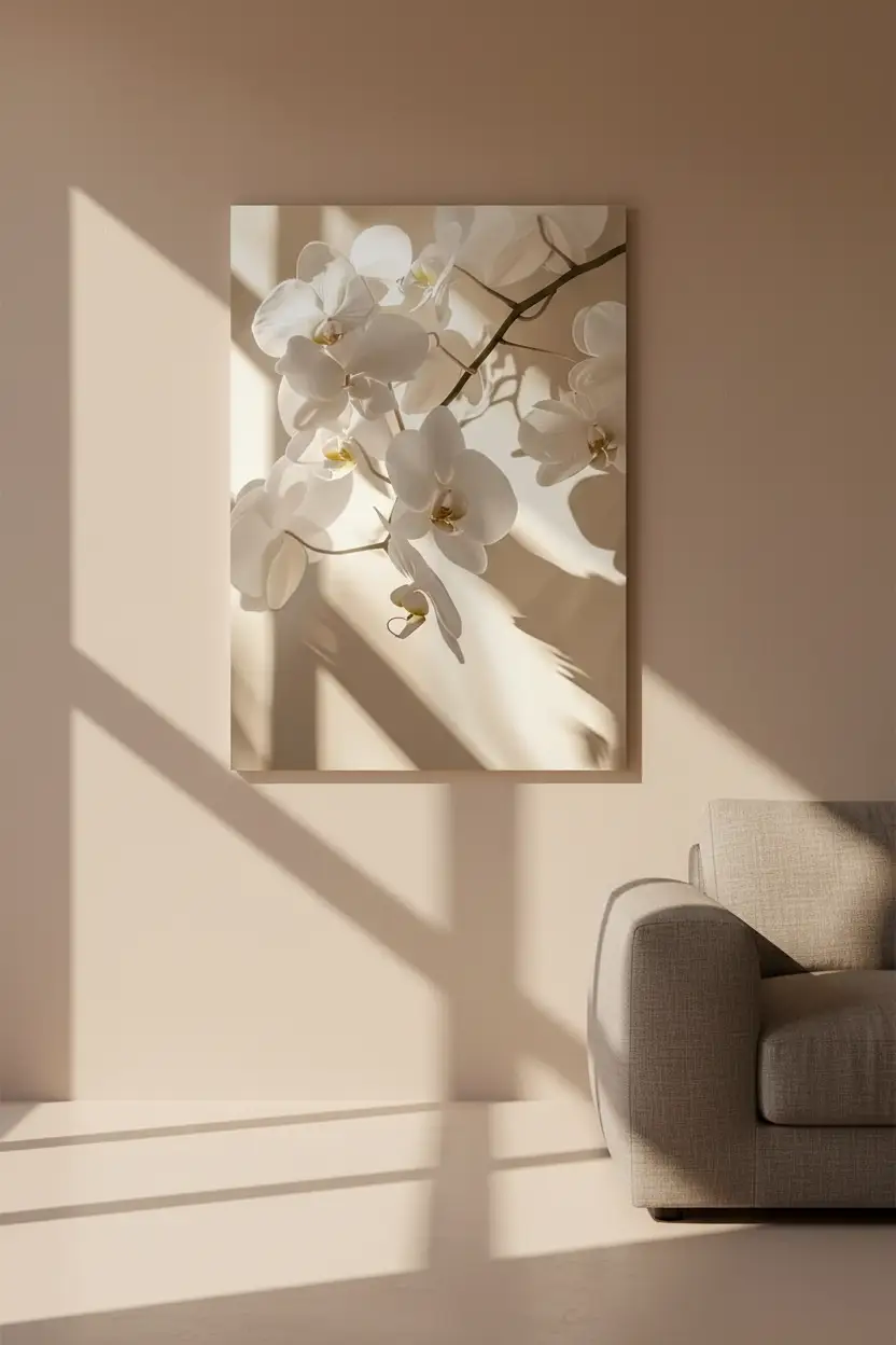 L’Orchidée de Lumière — Affiche murale minimaliste orchidée blanche macro contre-jour ivoire, affiche murale minimaliste avec cadre bois, décoration murale salon ou chambre, style méditerranéen