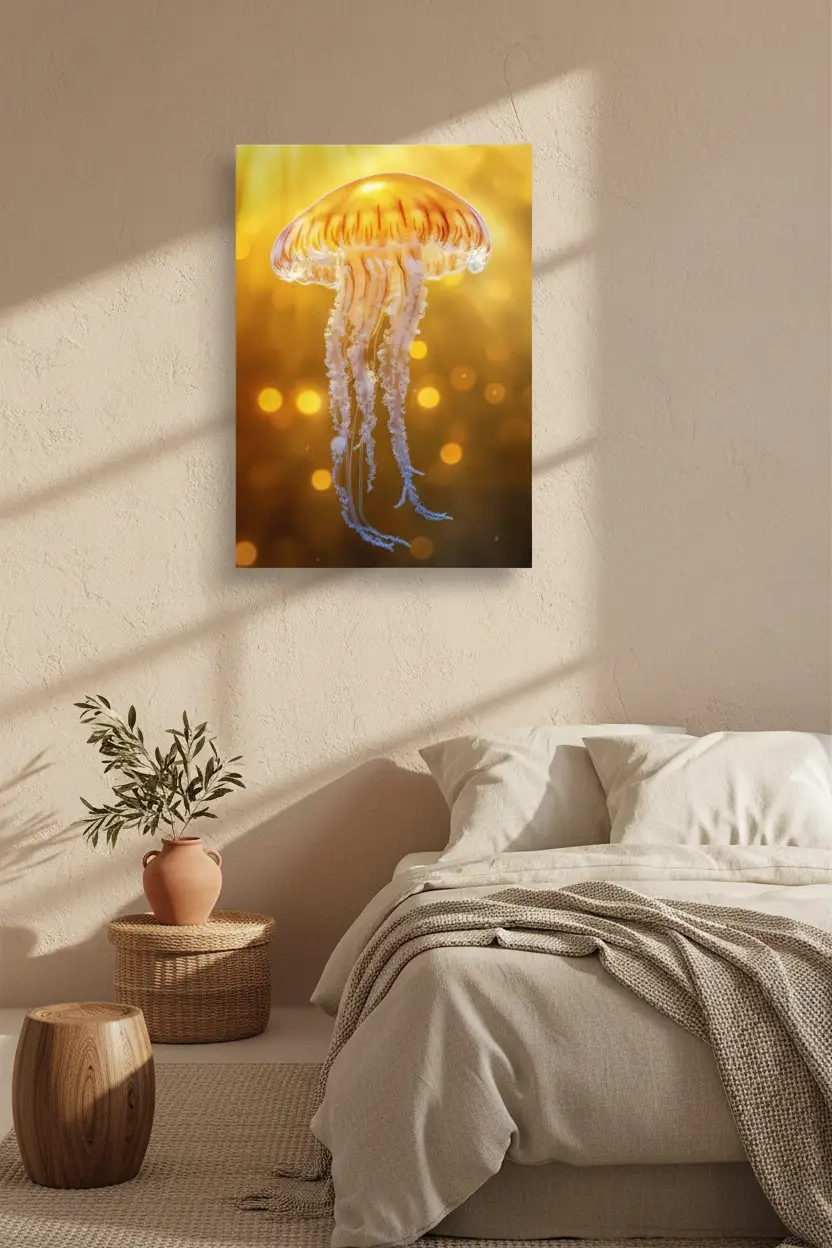L’Aurore — Affiche murale minimaliste or ambre méduse dorée lumière — affiche murale minimaliste | Cassili-home