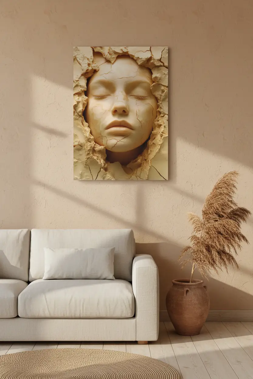 L'Éveil de l'Argile — Affiche murale minimaliste sable ivoire visage féminin argile abstrait — affiche murale minimaliste | Cassili-home