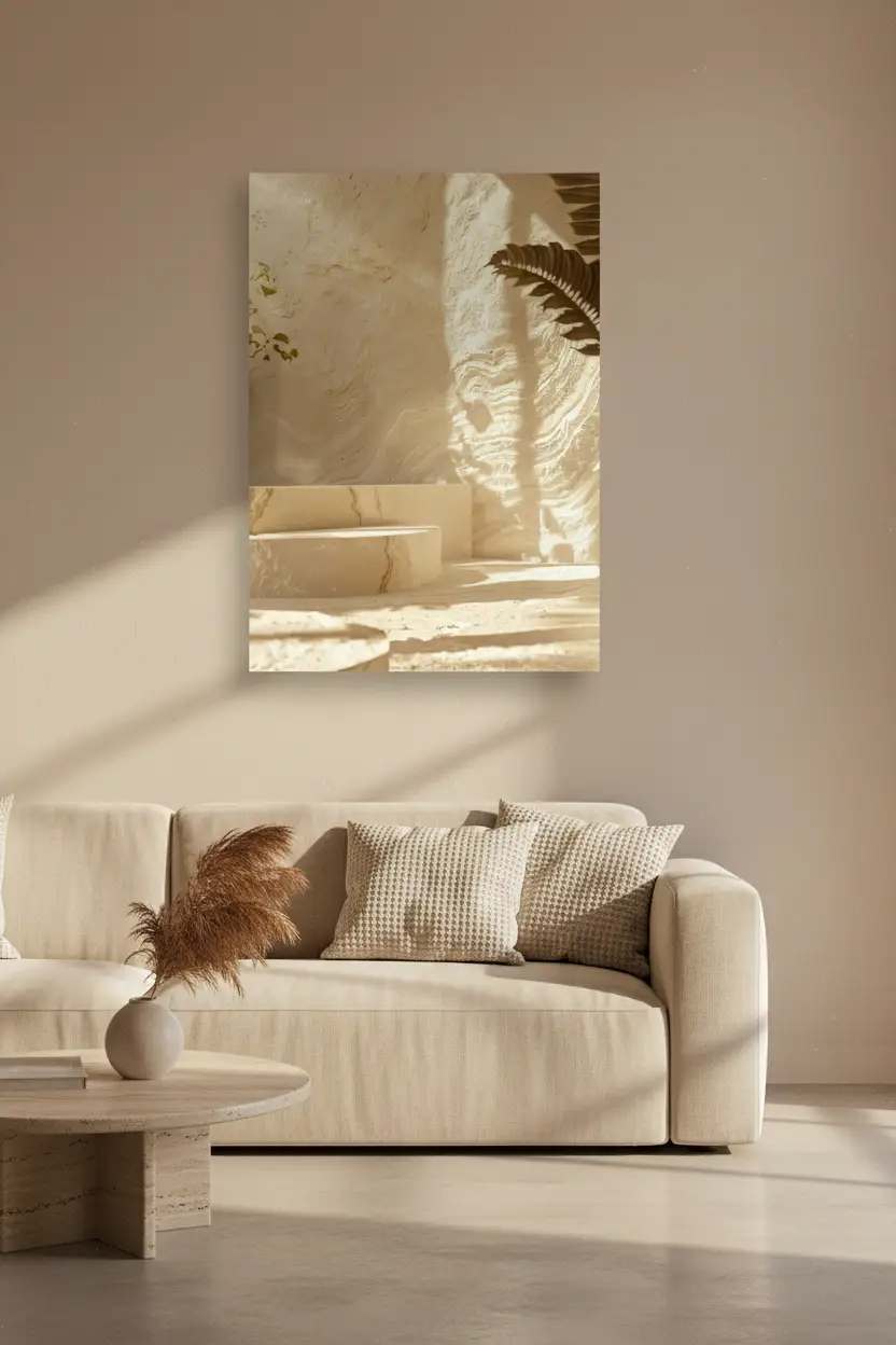 La Cour de Lumière — Affiche murale minimaliste travertin crépi sable ombre fougère méditerranéenne, affiche murale minimaliste avec cadre bois, décoration murale salon ou chambre, style méditerranéen