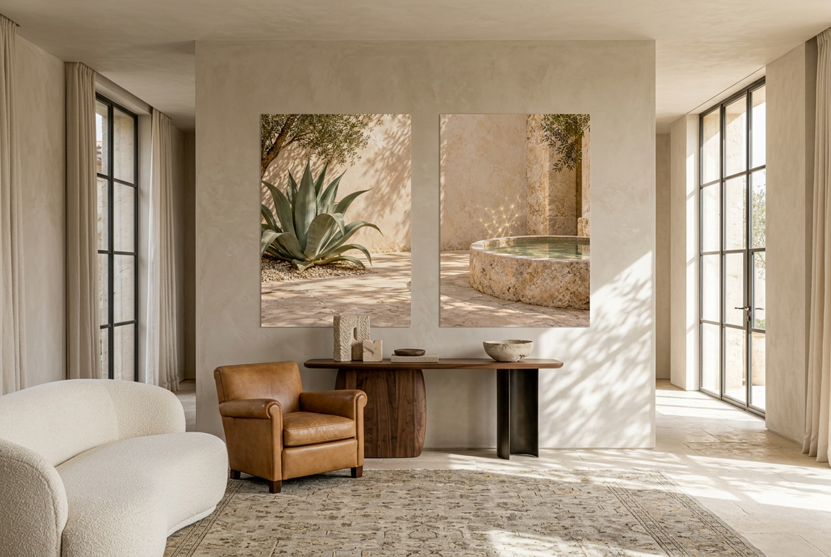 The Shaded Patio — unframed wall diptych in a living room