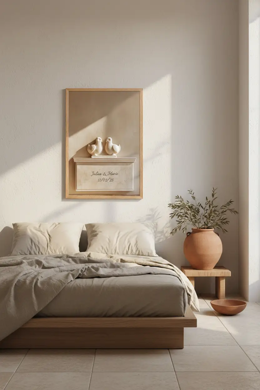 Les Colombes — Affiche murale personnalisable pierre méditerranéenne, affiche murale minimaliste avec cadre bois, décoration murale salon ou chambre, style méditerranéen